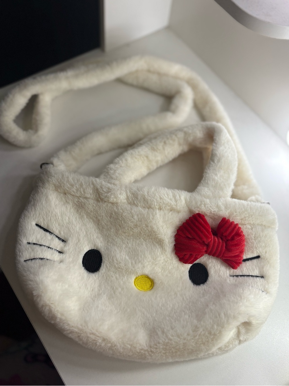 Hello Kitty Cream Plush Crossbody Bag with Red Bow